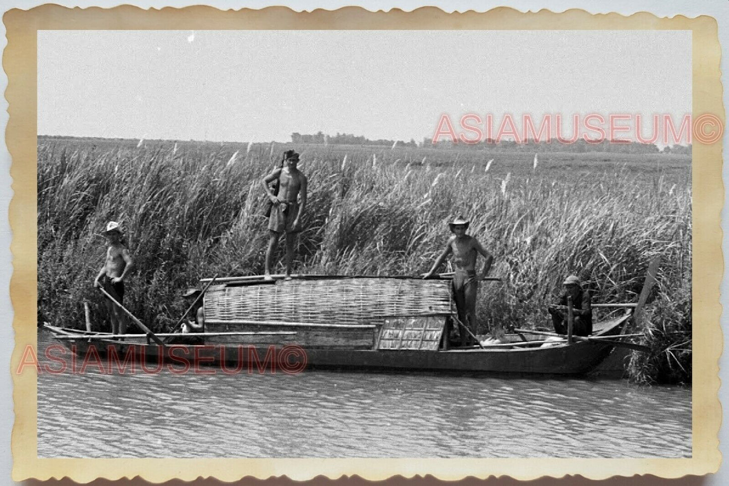 50s Vietnam War Saigon Group Army Topless Gay Patrol Boat  Vintage Photo #1074