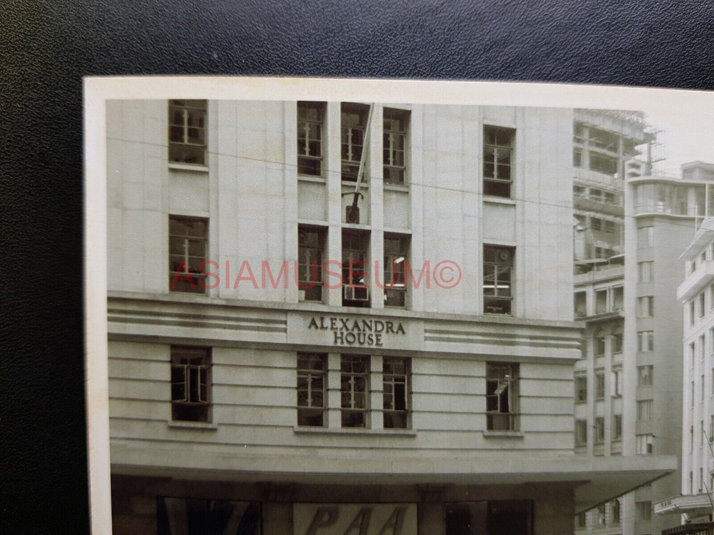 Alexandra House Queen's Road Tram Bus  Vintage B&W Hong Kong Photo Postcard RPPC