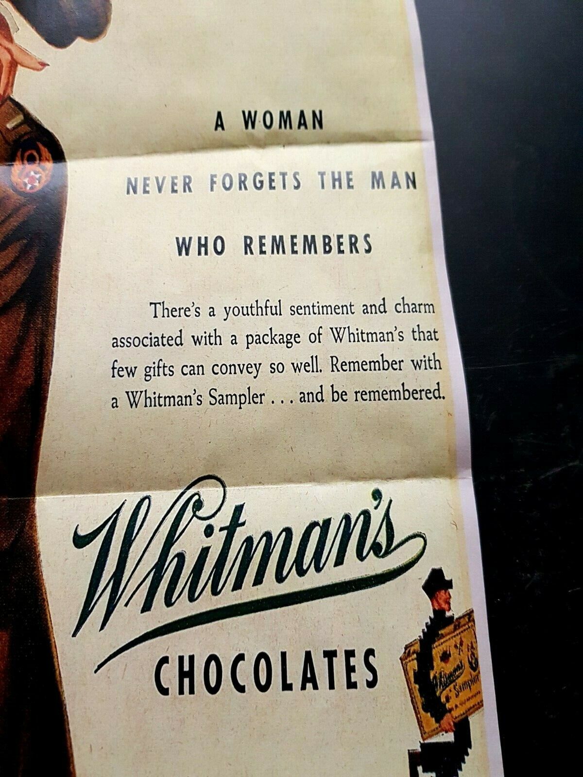 1942 WW2 USA AMERICA WHITMAN'S CHOCOLATE COUPLE WOMEN LADY WAR PROPAGANDA POSTER