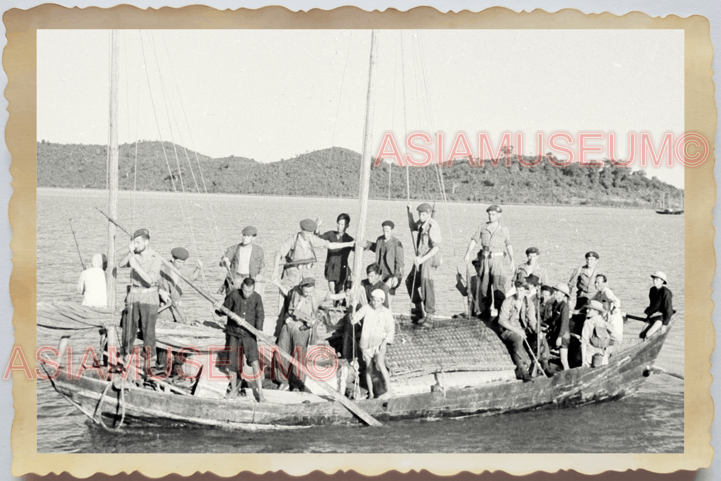 40s WW2 Vietnam FRANCE ARMY SMOKING TOPLESS GROUP SAIL BOAT Vintage Photo 25483