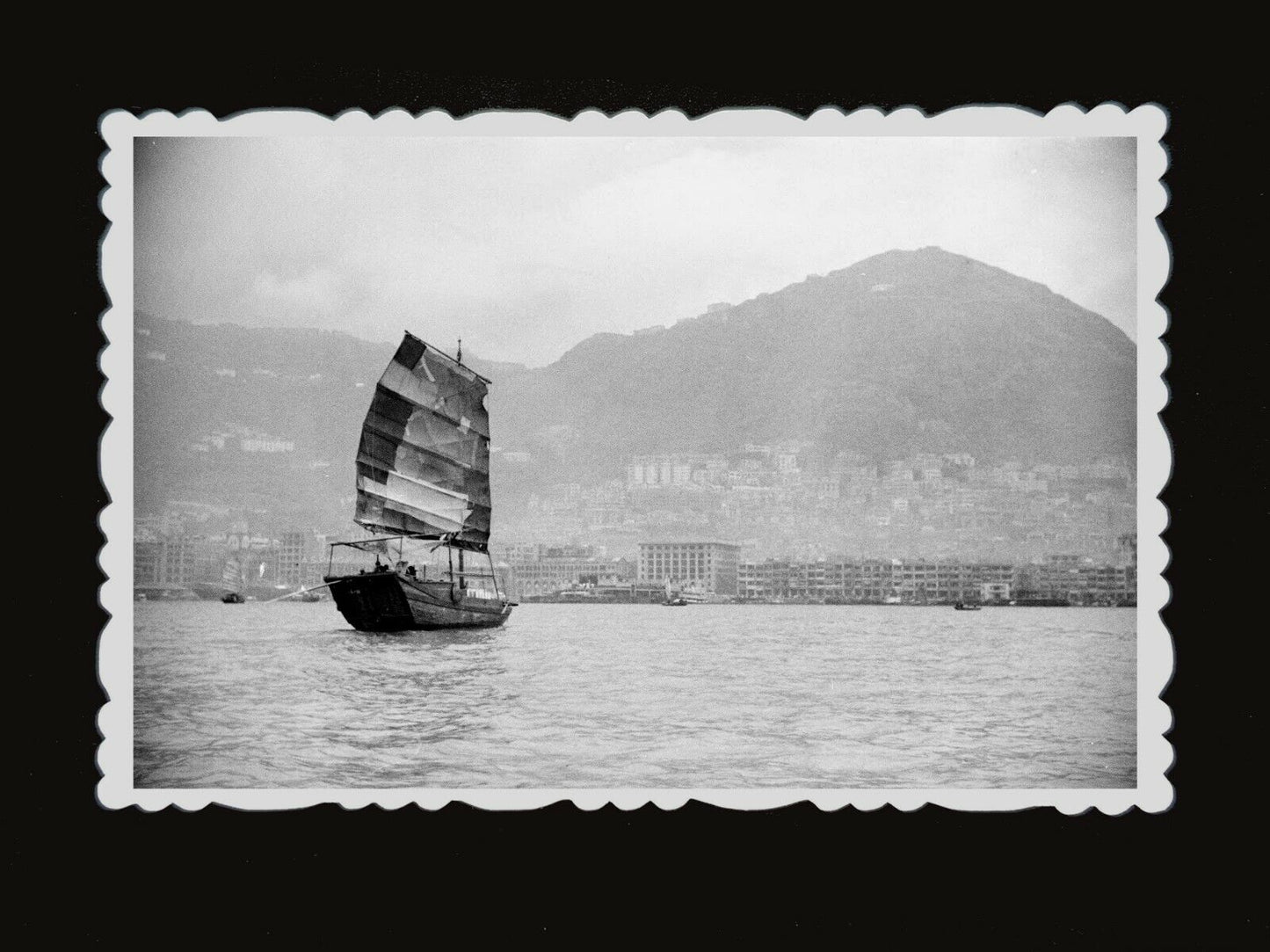 50s Boat Ship Junk Harbor Hill Victoria Kowloon B&W Vintage Hong Kong Photo #650