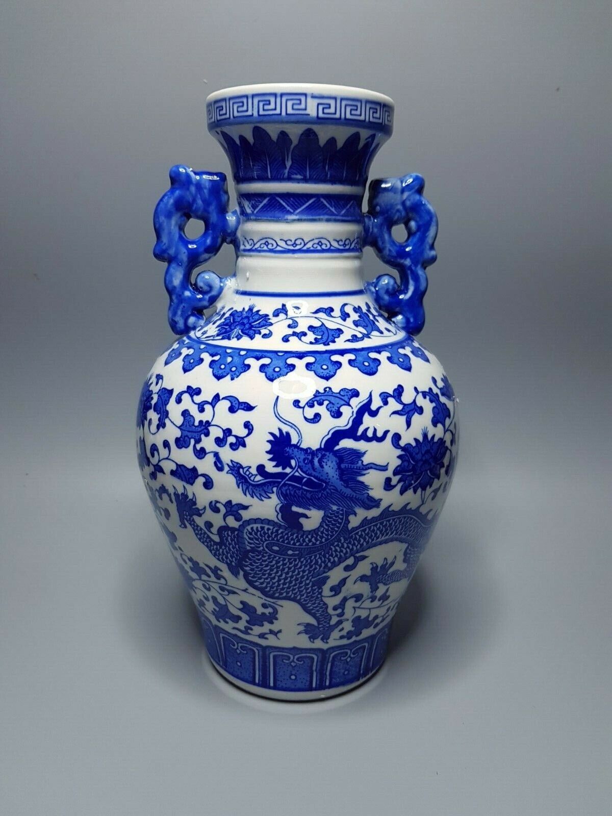 Antique 17th Qing Dynasty Qianlong Marked DRAGON VASE Glaze Blue White Porcelain