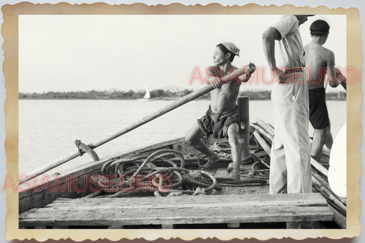 40s WW2 Vietnam WAR Hanoi BOAT HARBOR MAN ROWING TOPLESS OLD Vintage Photo 04264