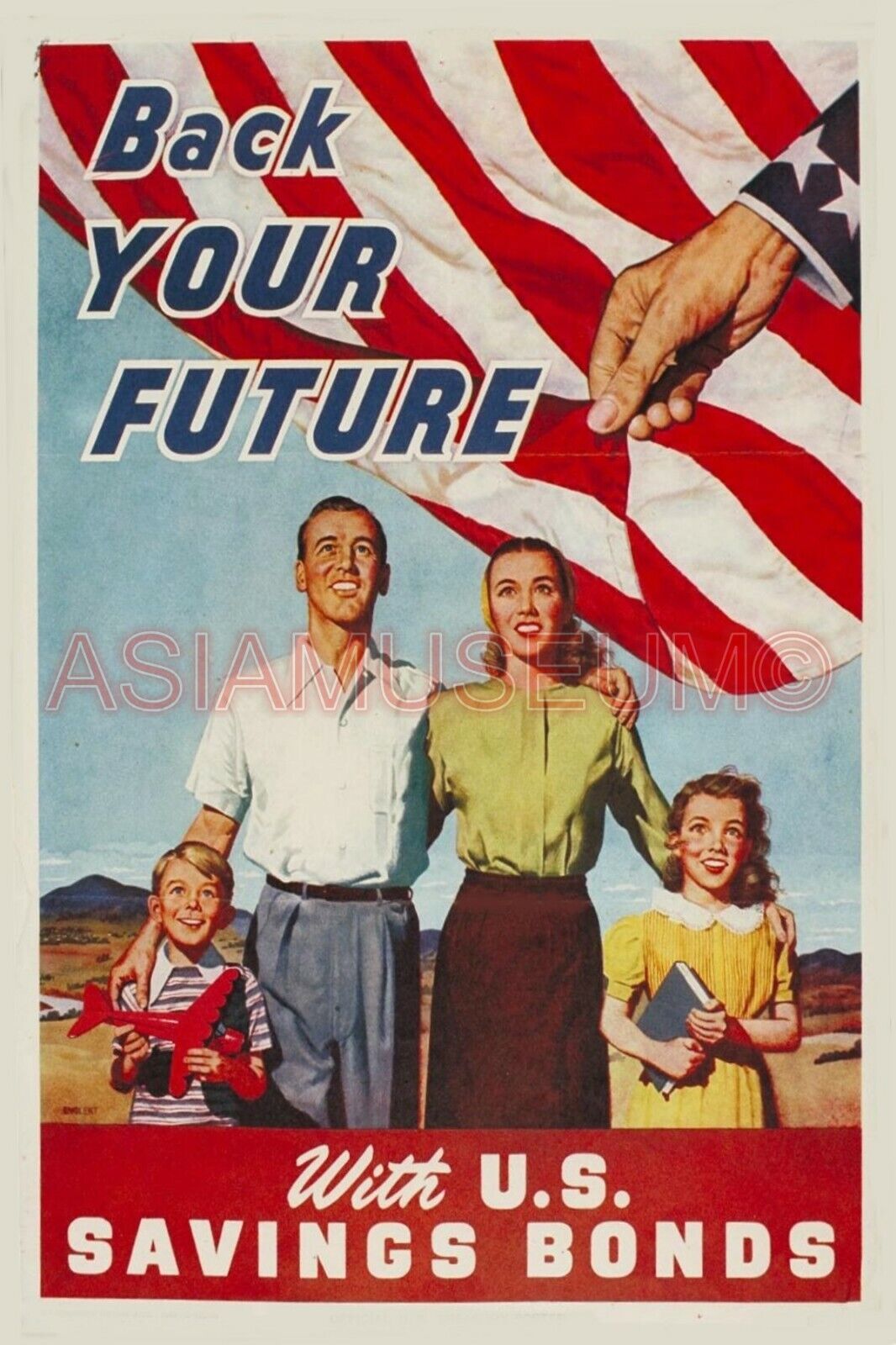 1943 WW2 USA AMERICA SAVING BONDS FAMILY CHILDREN GIRL BOY PROPAGANDA Postcard