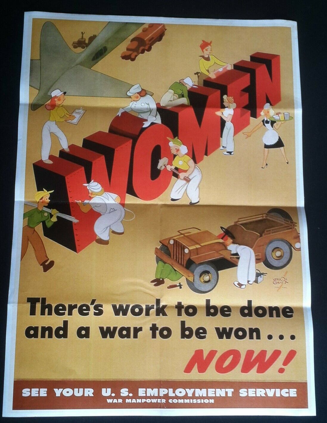 1942 WW2 USA AMERICA WOMEN LADY TRUCK AIRCRAFT PLANE BIKE WAR PROPAGANDA POSTER