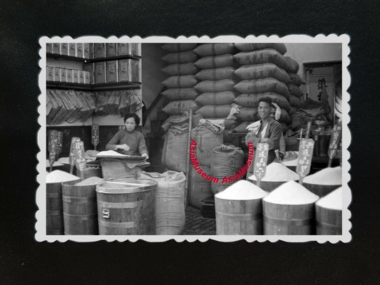 1950s Vintage Hong Kong Photo B&W Oriental Merchant Rice Women Shop British #185