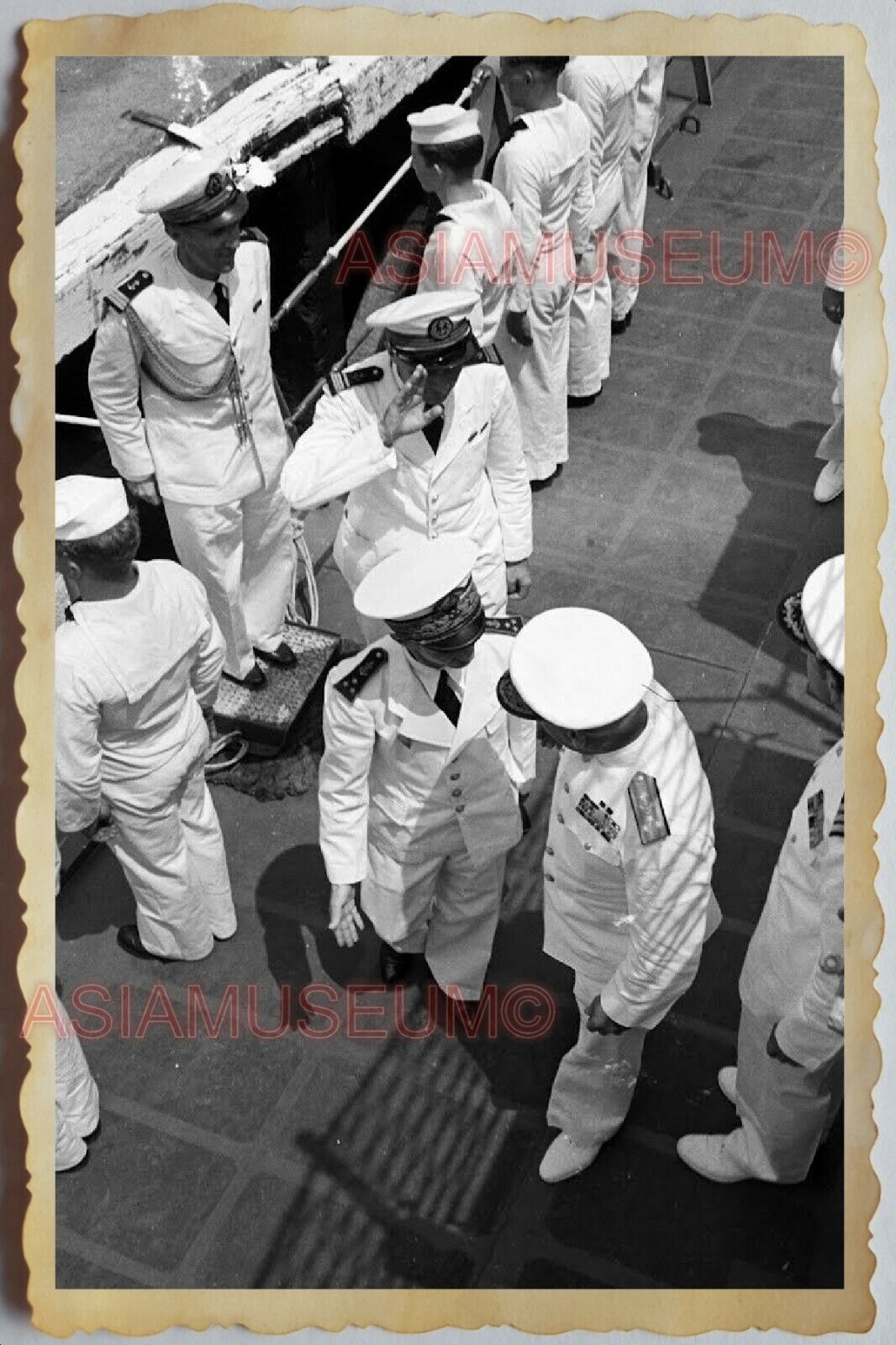 50s Vietnam SAIGON FRANCE USA NAVY SAILOR WARSHIP WAR FLAG  Vintage Photo #1035