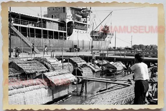 50s Vietnam SAIGON SHIP FERRY BOAT HOUSE PIER CHILDREN CARGO Vintage Photo 1368