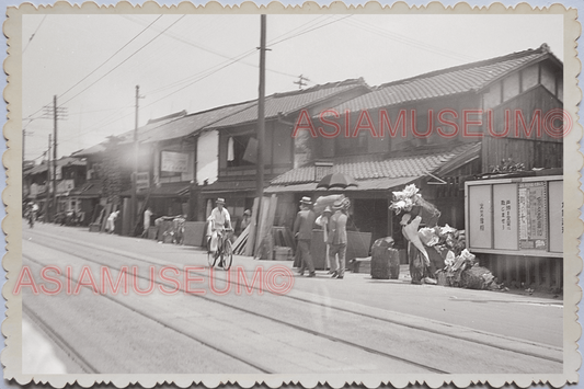 WW2 JAPAN KYOTO HOUSE SHOP STREET SCENE BICYCLE RAIL TRAM Vintage Photo #7238