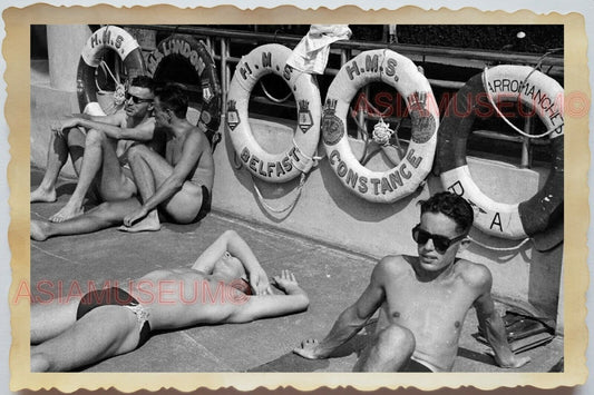 WW2 Vietnam War Topless Man Gay Group Swimming Pool Army Ship Vintage Photo #788