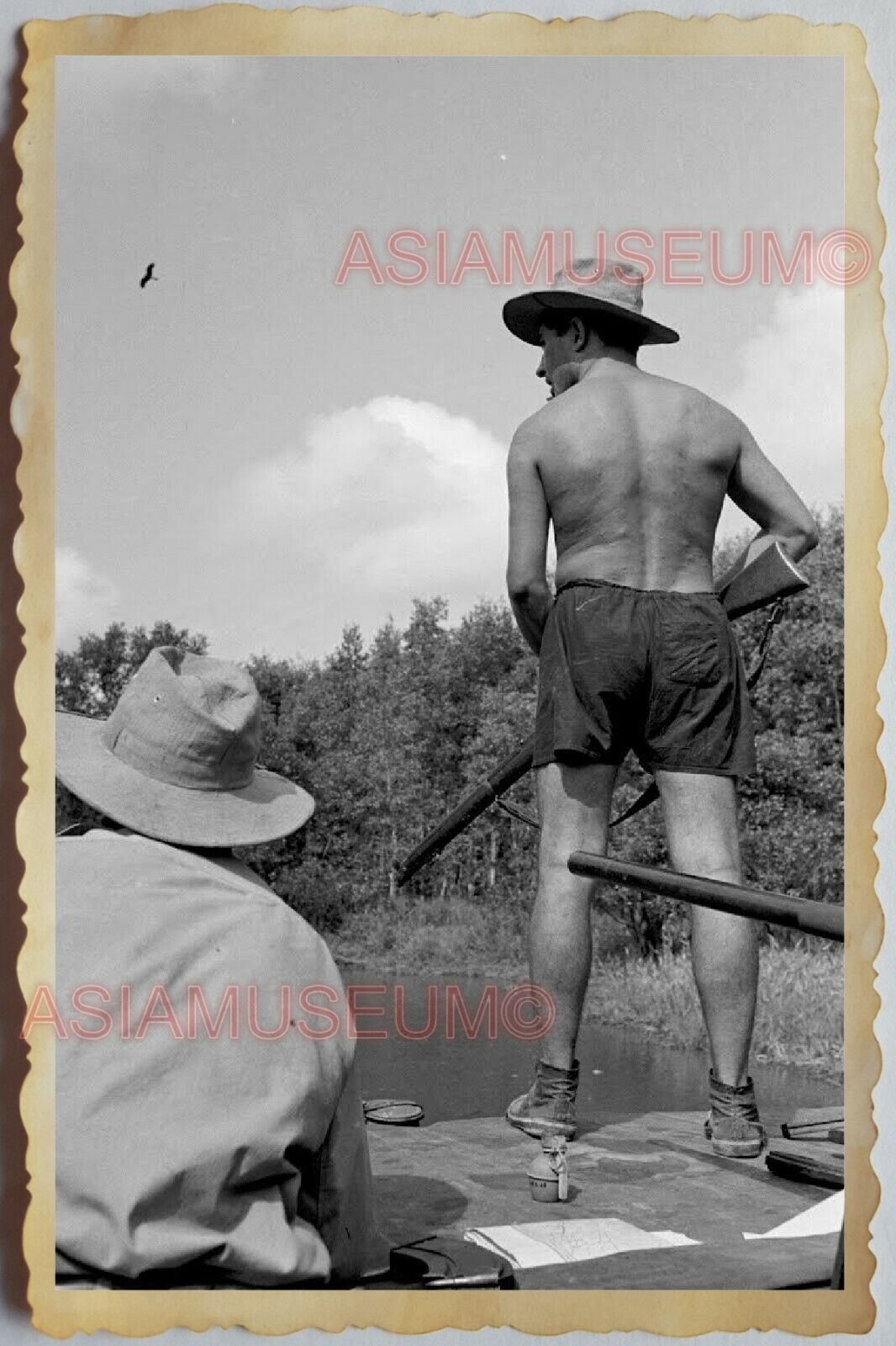 50s Vietnam SAIGON ARMY SOLDIER TOPLESS MAN GAY PATROL GUN OLD Vintage Photo 652