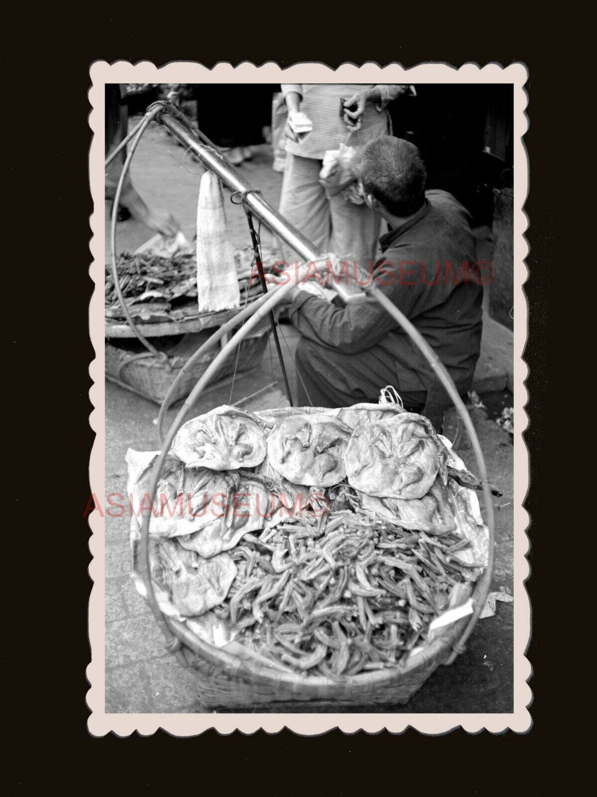 ww2 Market Dried Food Basket Street Vendor B&W Hong Kong Photograph 香港旧照片 #2275