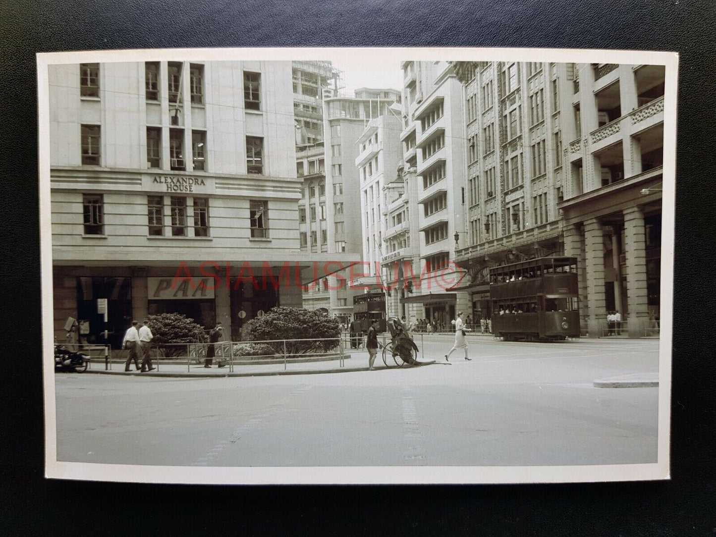 Alexandra House Queen's Road Tram Bus  Vintage B&W Hong Kong Photo Postcard RPPC