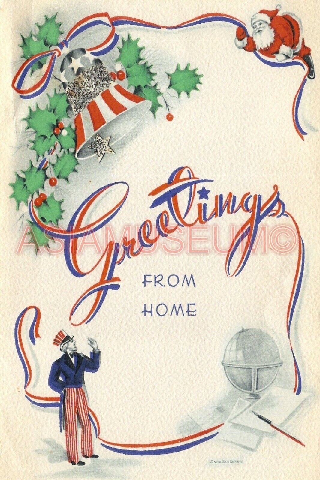 1941 WW2 CHRISTMAS UNCLE SAM SANTA CLAUS GREETINGS XMAS BELL PROPAGANDA Postcard