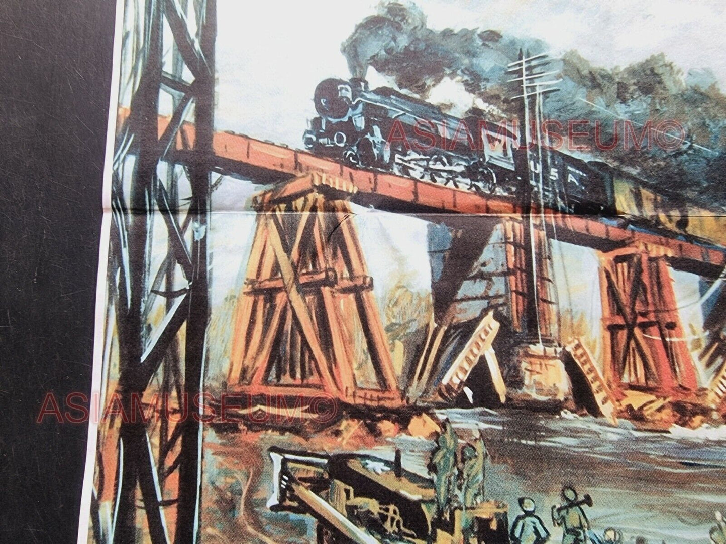 1943 WW2 AMERICA RAILROAD BRIDGE RAILWAY TRAIN ART PAINTING  PROPAGANDA POSTER