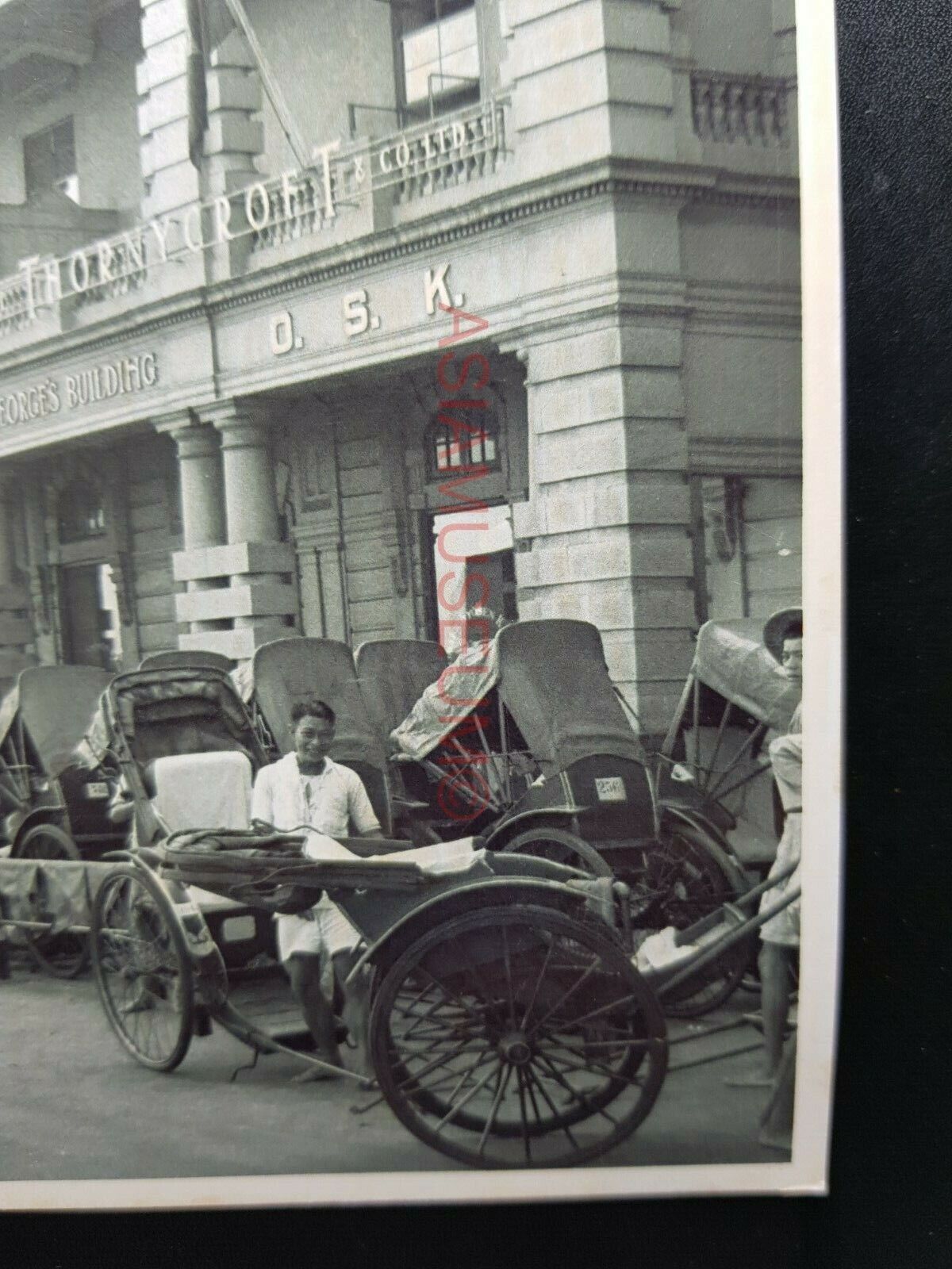 St George Building Rickshaw Connaught Vintage B&W Hong Kong Photo Postcard RPPC