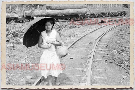 50s PHILIPPINES LUZON RAILROAD TIMBER LOG WOMEN UMBRELLA B&W Vintage Photo 29366