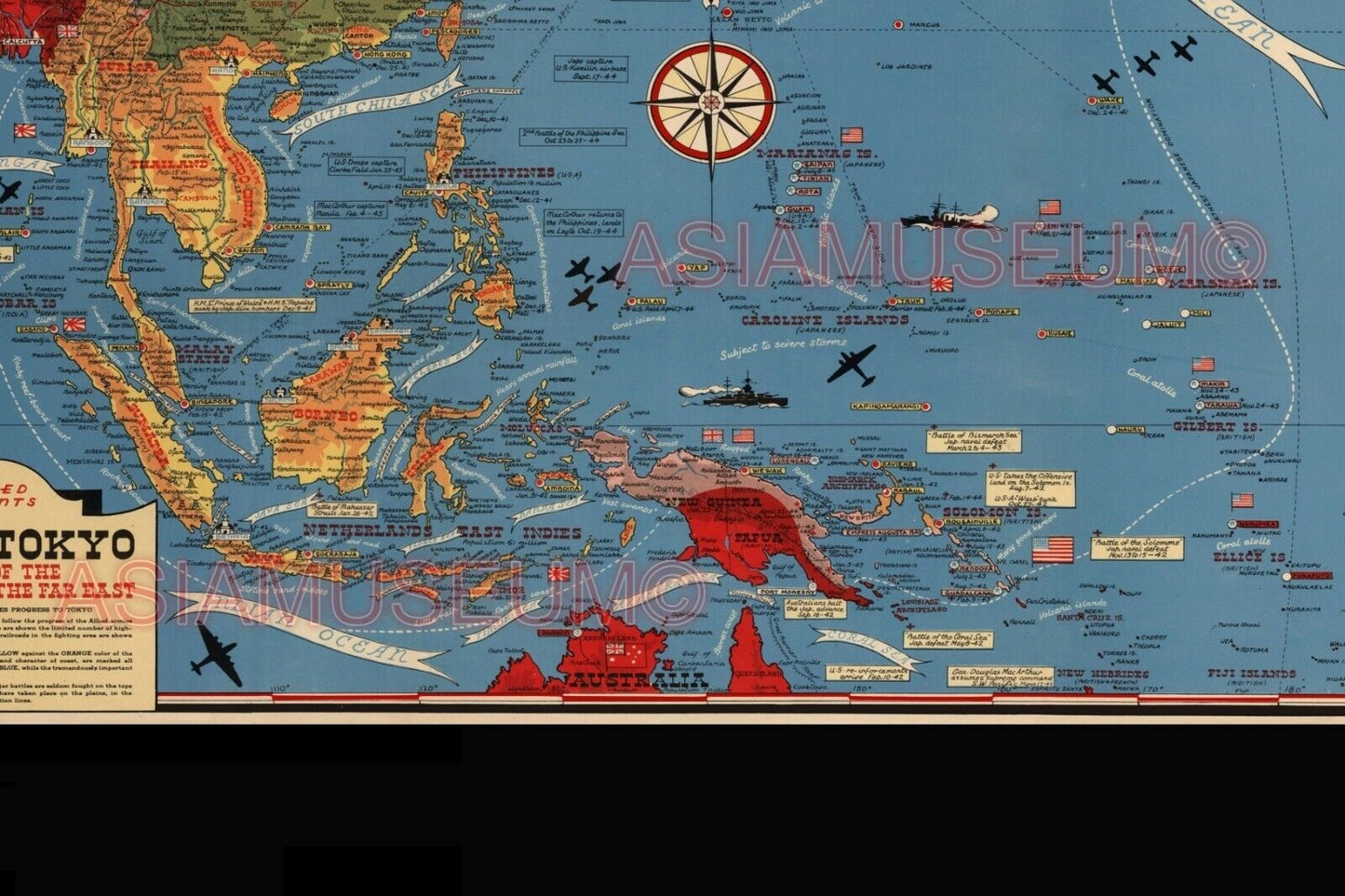 1944 WW2 USA JAPAN PACIFIC WAR MAP TIMELINE SUBMARINE WARSHIP AIRCRAFT POSTER