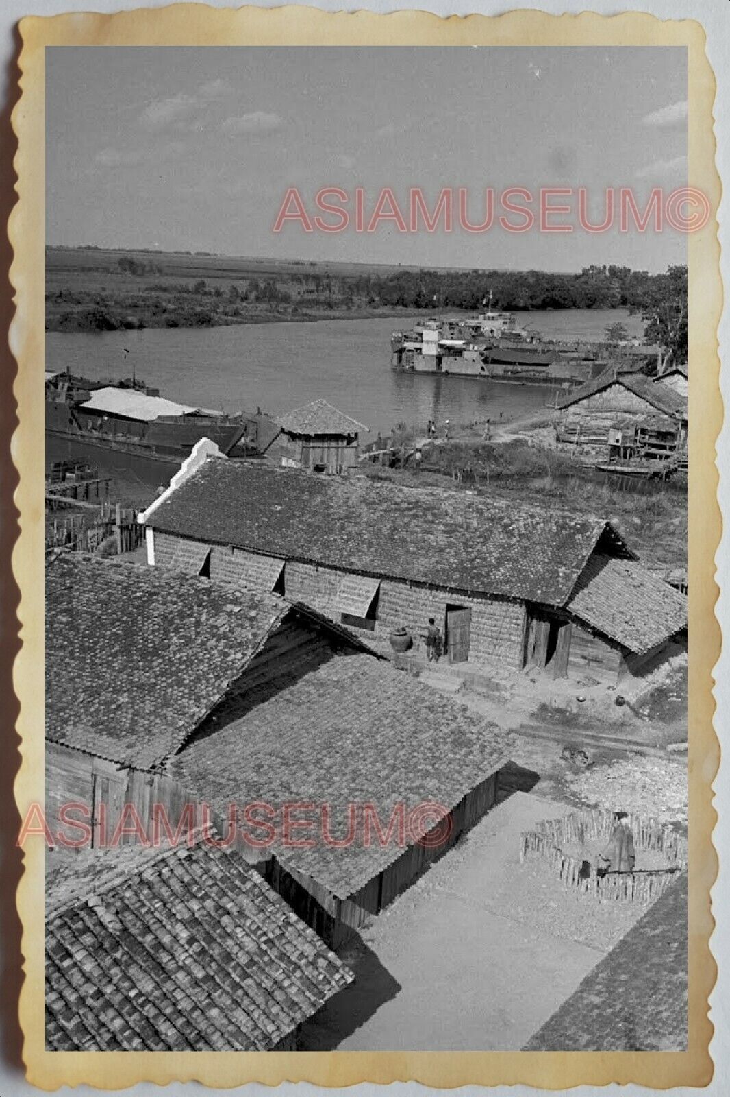 50s Vietnam War Indochina Mekong River Village House Hut Scene Vintage Photo 353