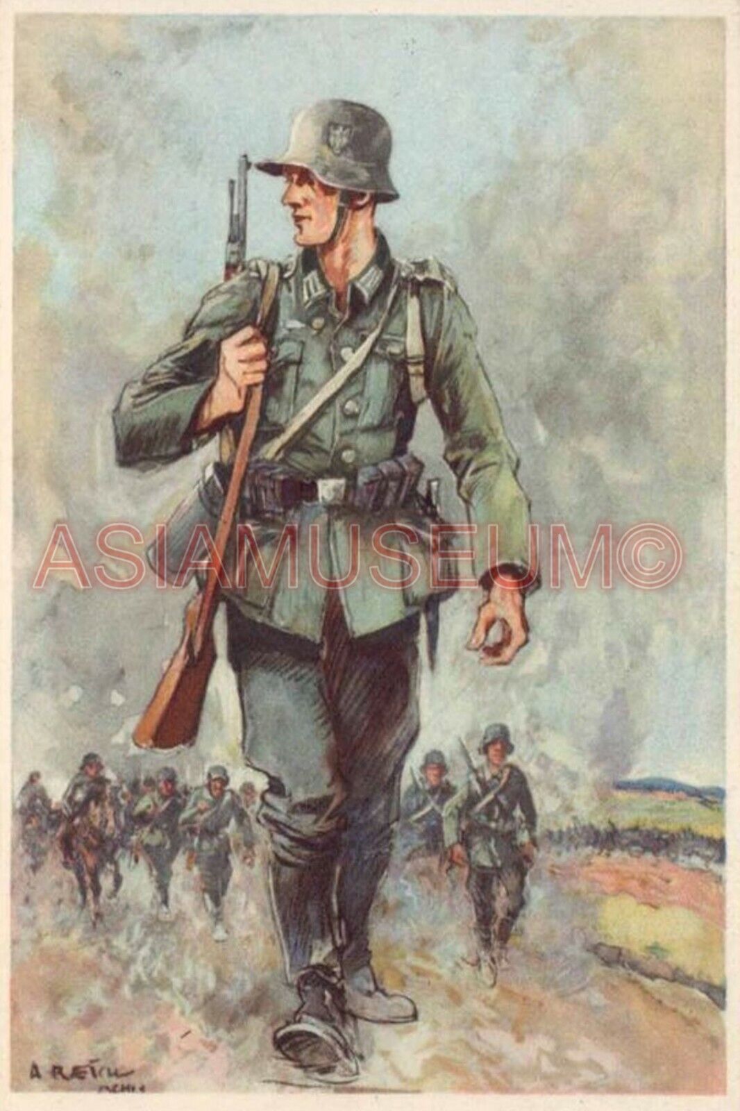 1944 WW2 TROOPS ARMY SOLDIER WAR BATTLE ART PAINTING RIFLE PROPAGANDA Postcard