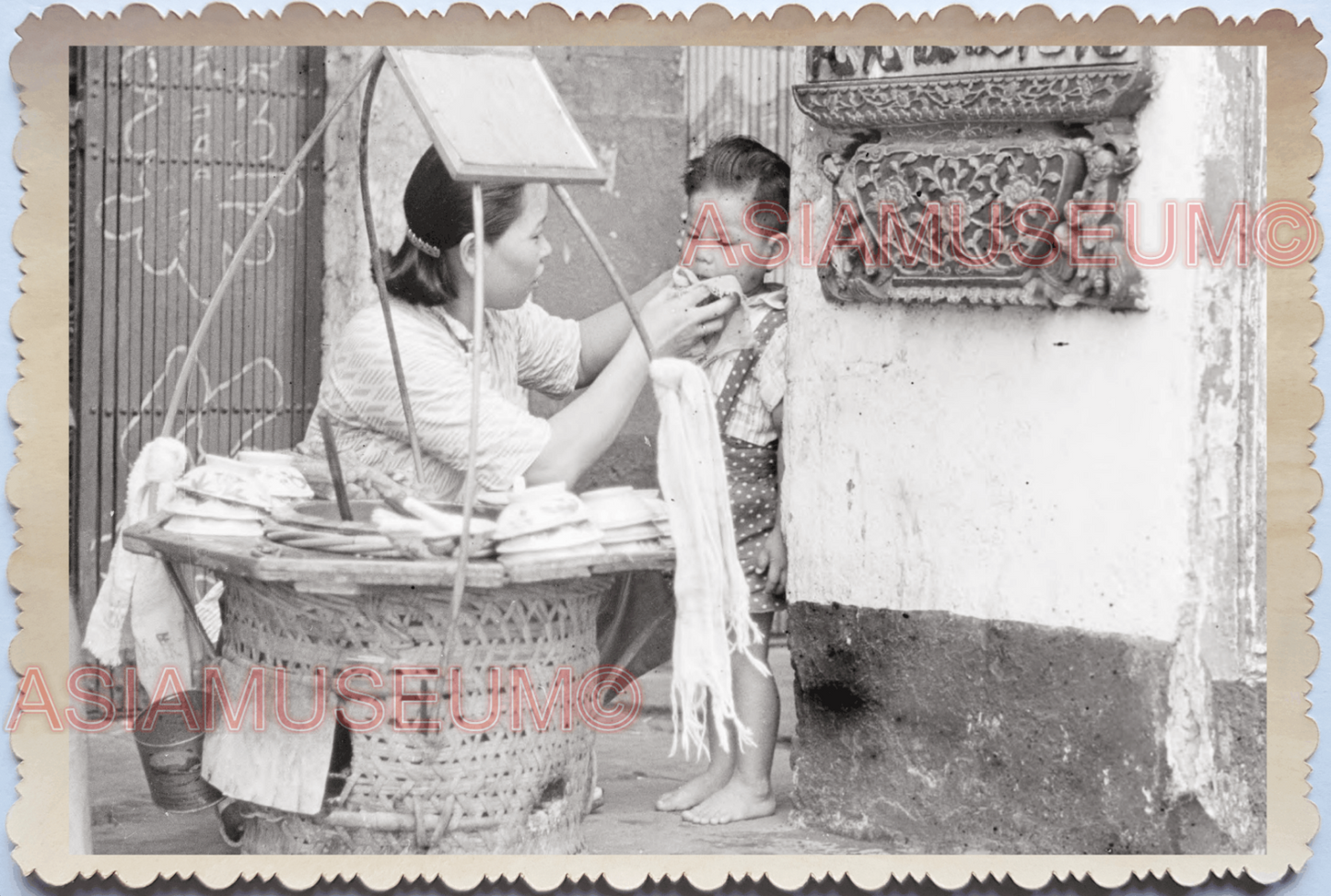 WW2 Women Lady Street Scene Food Seller Child Boy Vintage Singapore Photo 17791