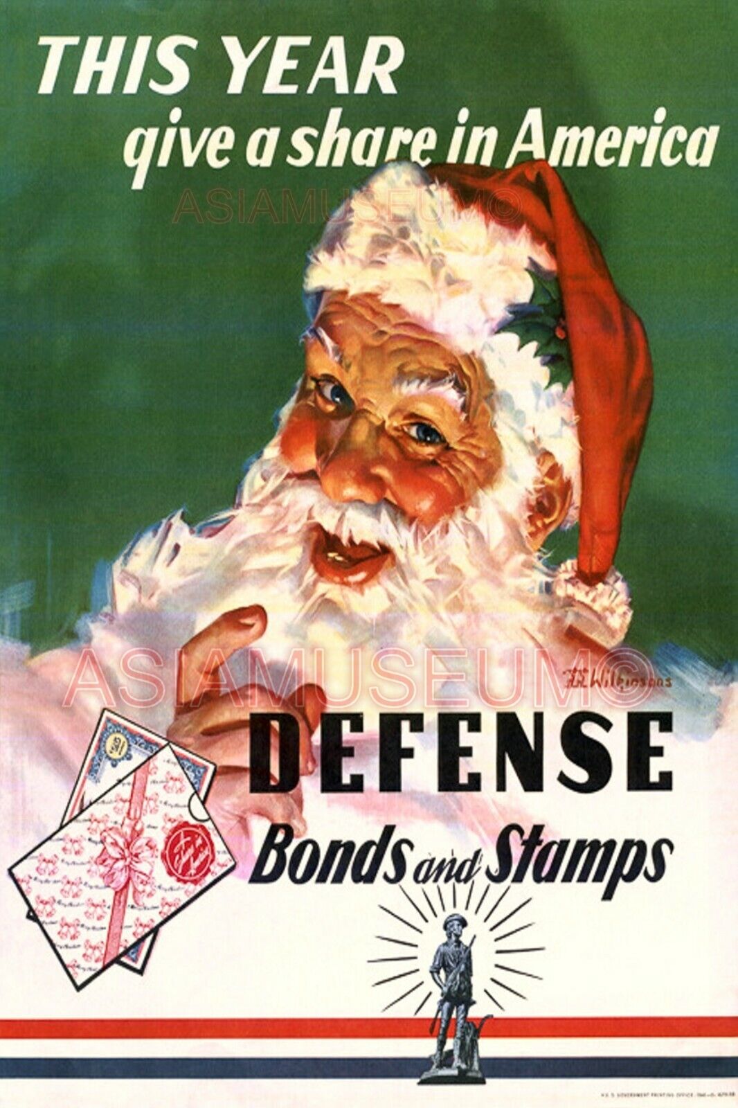 1943 WW2 USA XMAS CHRISTMAS SANTA CLAUS WAR BONDS STAMPS MAP PROPAGANDA Postcard