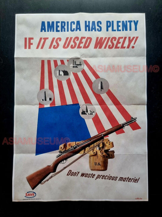 1943 WW2 USA AMERICA FLAG RIFLE WEAPONS AMMUNITION WASTE PROPAGANDA POSTER 526