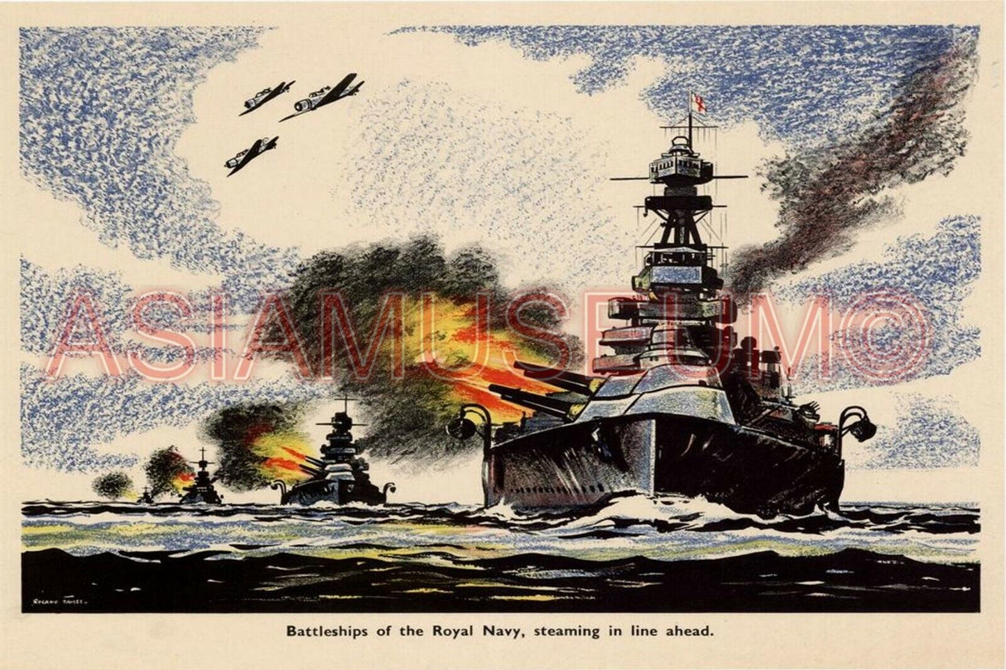 1943 WW2 USA BRITAIN ROYAL NAVY BATTLE SHIP AIRCRAFT GUN WAR PROPAGANDA Postcard