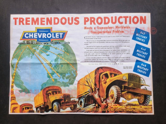 1943 WW2 USA AMERICA CAR TRUCK CHEVROLET WORLD MAP BATTLE ARMY PROPAGANDA POSTER