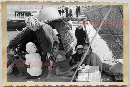 50s Vietnam War Saigon Boat Pier  Women Basket Market Sell Vintage Photo #1161