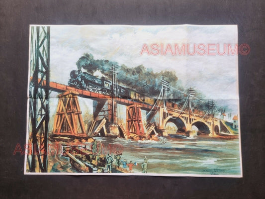 1943 WW2 AMERICA RAILROAD BRIDGE RAILWAY TRAIN ART PAINTING  PROPAGANDA POSTER