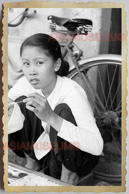 50s Vietnam SAIGON STREET SCENE WAR WOMEN YOUNG LADY BICYCLE Vintage Photo 381