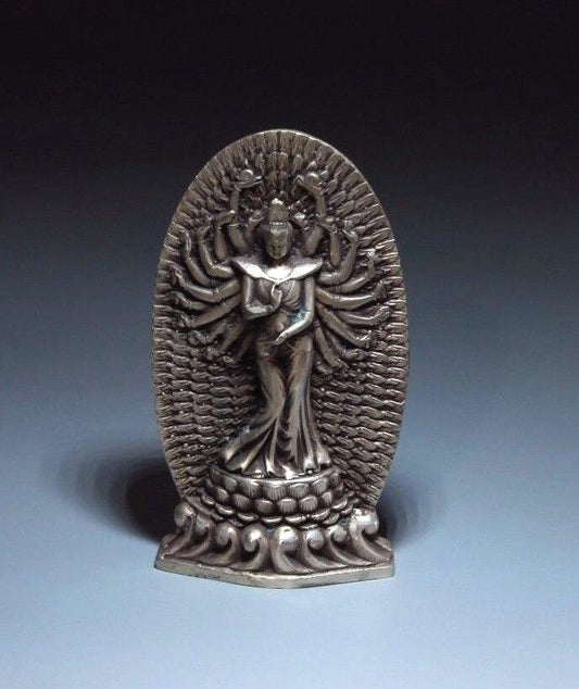 7" Tibet Buddhism Silver 1000 arm Kwan-Yin Guan Yin Bodhisattva Buddha Statue