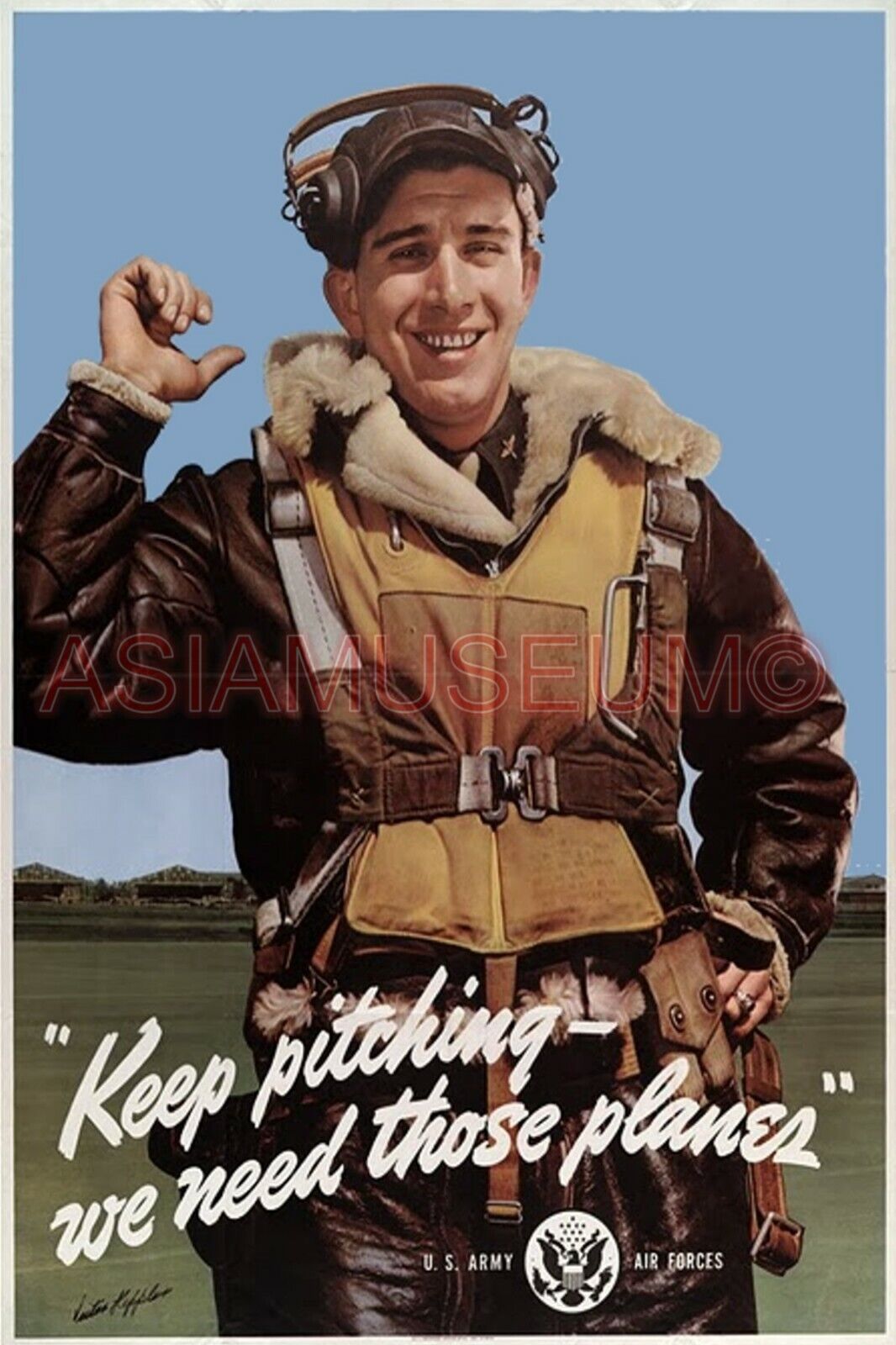 1944 WW2 USA AMERICA KEEP PITCHING NEED PLANE PILOT AIRFORCE PROPAGANDA Postcard