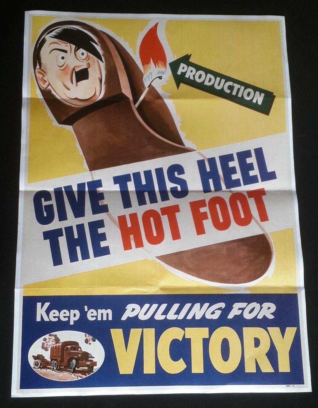 1944 WWii USA AMERICA VICTORY TRUCK SHOE FIRE TANK WAR MATCHES PROPAGANDA POSTER