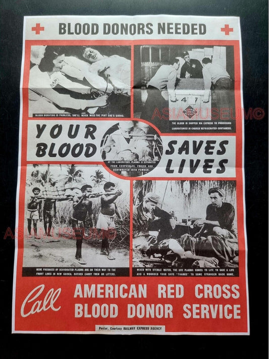 1943 WW2 USA WAR BLOOD DONOR RED CROSS NAVY SOLDIER ARMY PROPAGANDA POSTER 548