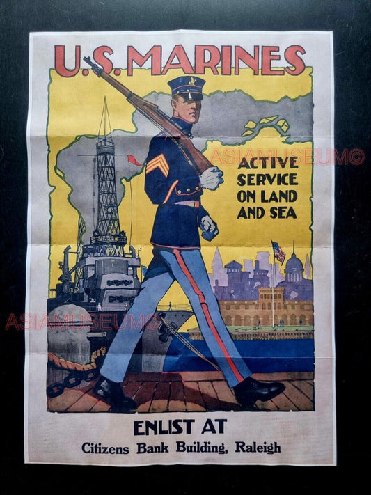 1943 WW2 USA AMERICA MARINES ENLIST NAVY RALEIGH FLAG SHIP PROPAGANDA POSTER 505