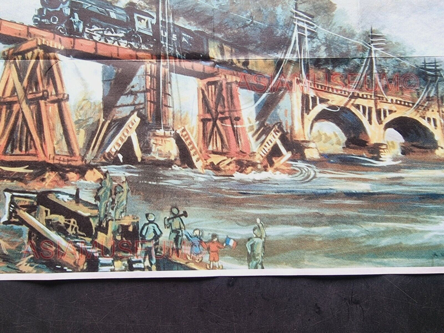 1943 WW2 AMERICA RAILROAD BRIDGE RAILWAY TRAIN ART PAINTING  PROPAGANDA POSTER