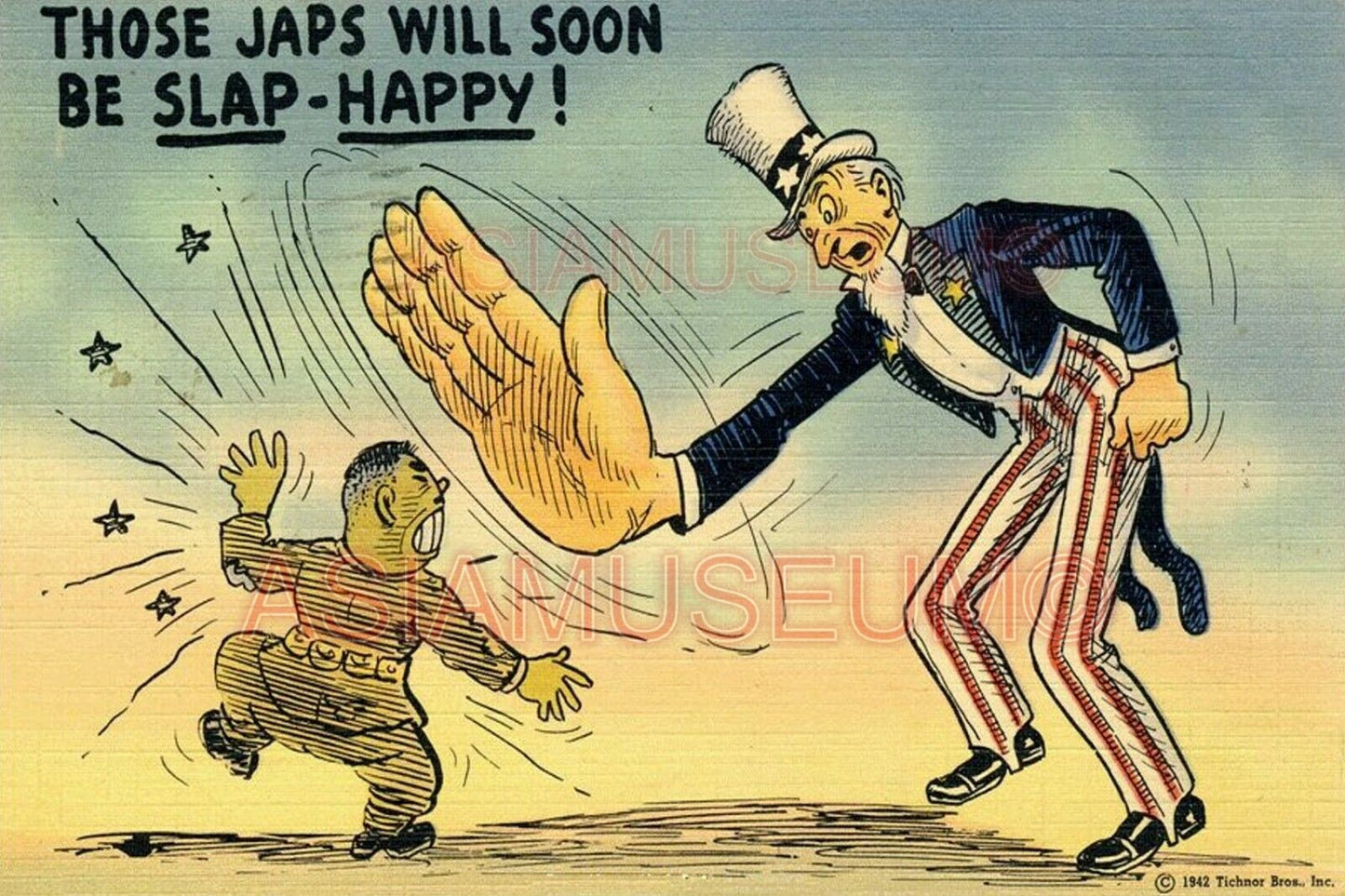 1942 WW2 USA AMERICA UNCLE SAM COMIC CARTOON SLAP JAPAN TOJO PROPAGANDA Postcard