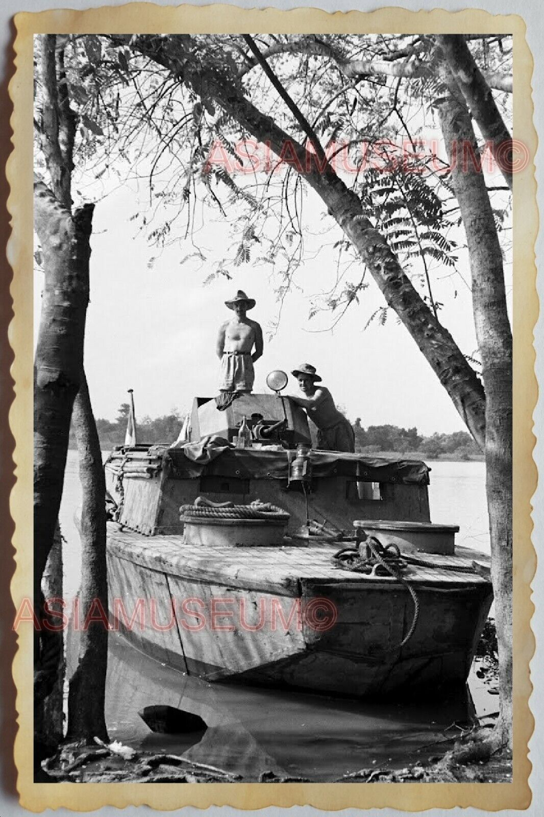 50s Vietnam SAIGON WARSHIP BOAT ARMY PATROL GUARD TOPLESS OLD Vintage Photo 912