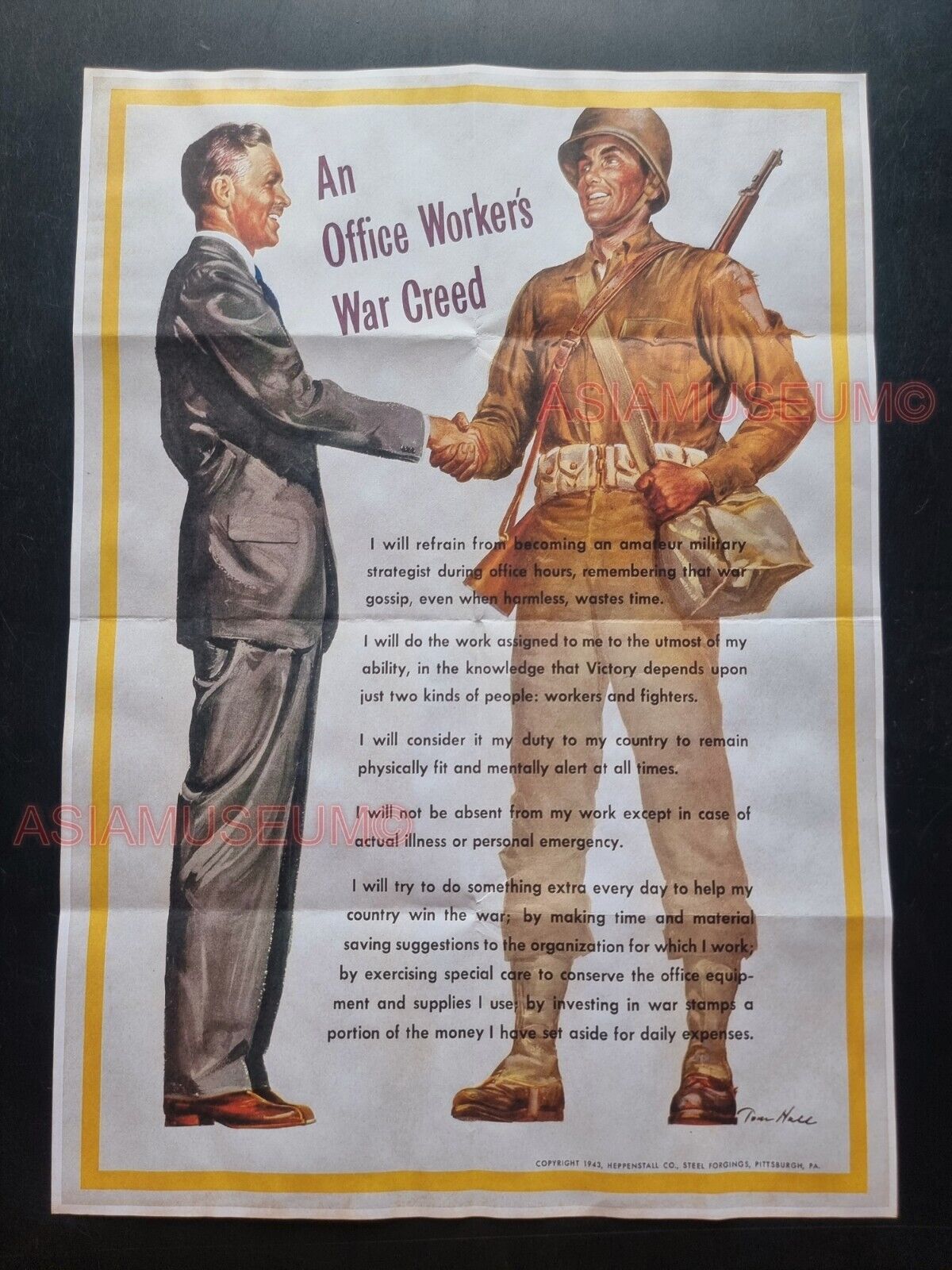 1943 WW2 USA OFFICE WORKER WAR CREED GUN ARMY SOLDIER SUIT PROPAGANDA POSTER 531