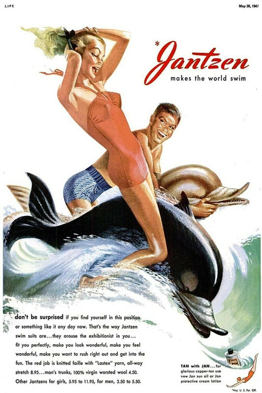 Vintage SEXY WOMEN LADY Swimsuit Dolphin Jantzen Tan Lotion Sun Block Postcard