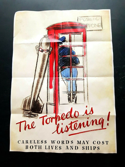 1943 WW2 USA CARELESS TALK COSTS LIVES WAR TELEPHONE TORPEDO PROPAGANDA POSTER