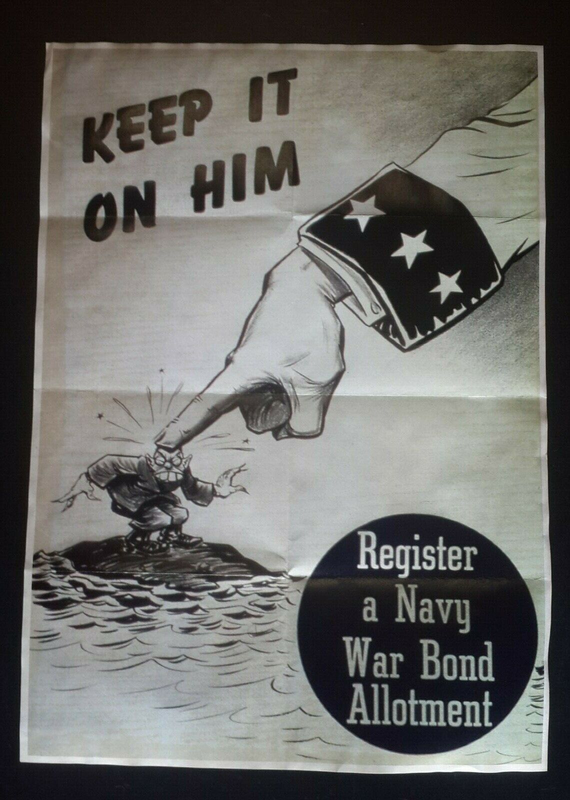 1942 WW2 USA AMERICA NAVY BUY WAR BOND TOJO HIROHITO DRAWING PROPAGANDA POSTER