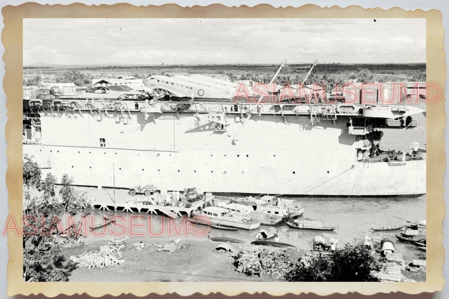 40s WW2 Vietnam WAR FRENCH NAVY AIRCRAFT CARRIER WARSHIP OLD Vintage Photo 25033