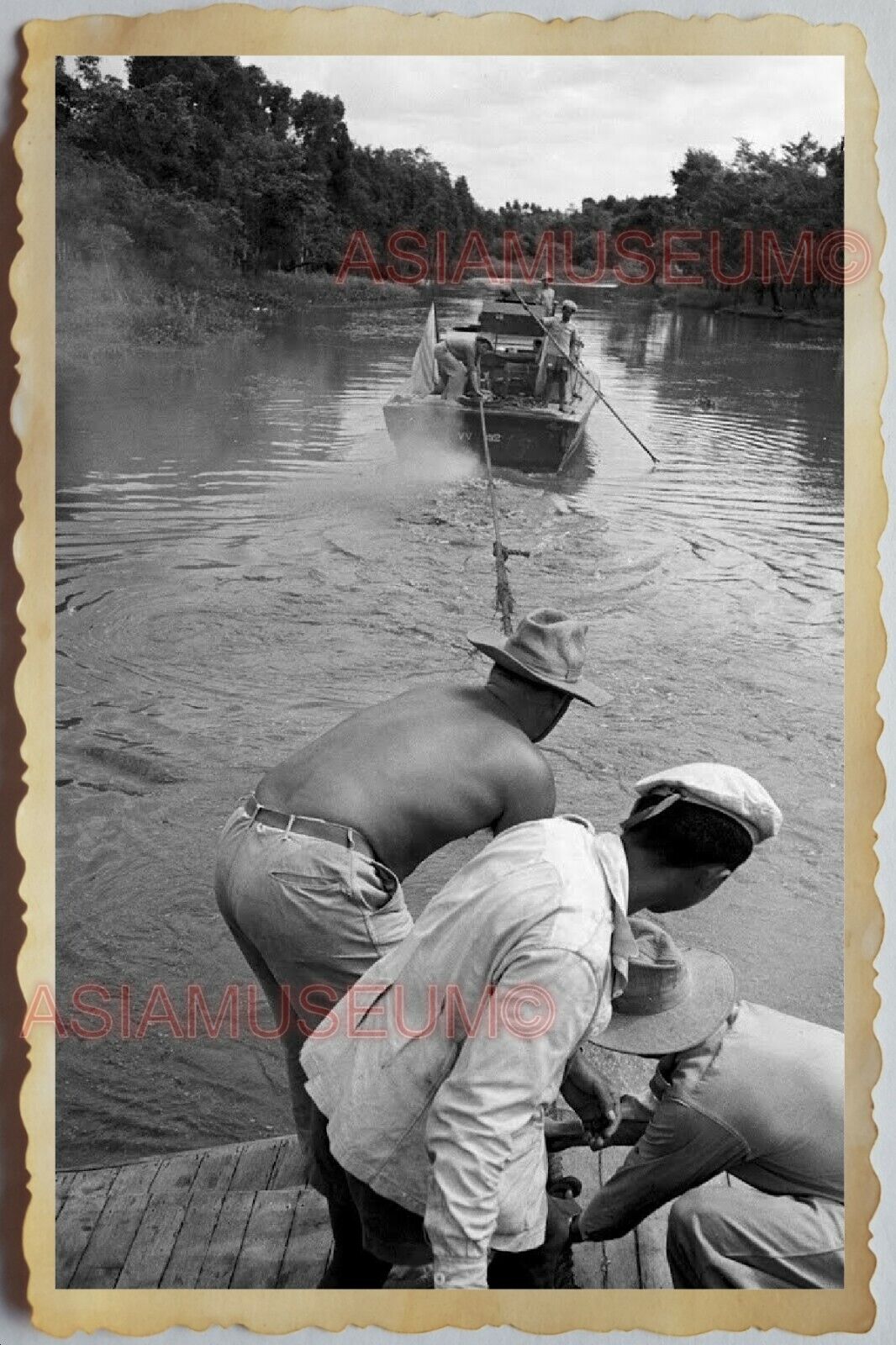 40s Vietnam War SAIGON MEKONG RIVER ARMY BOAT TOPLESS MAN Gun Vintage Photo 1306