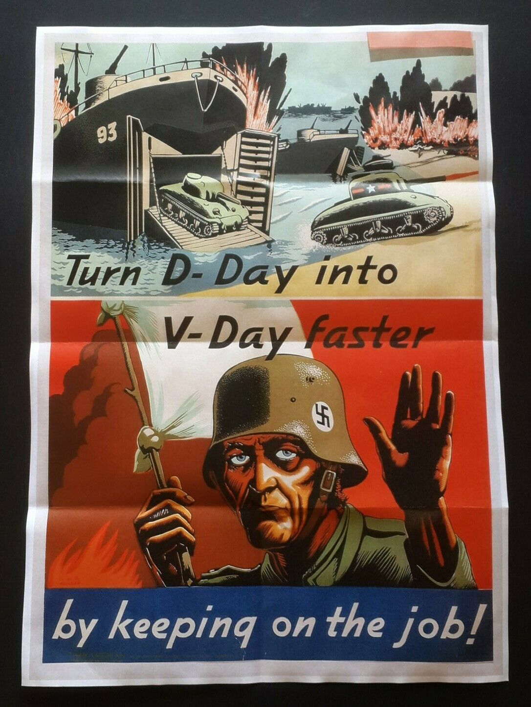 1944 WWii USA AMERICA D-DAY TROOP WARSHIP TANK MARINE FLAG WAR PROPAGANDA POSTER