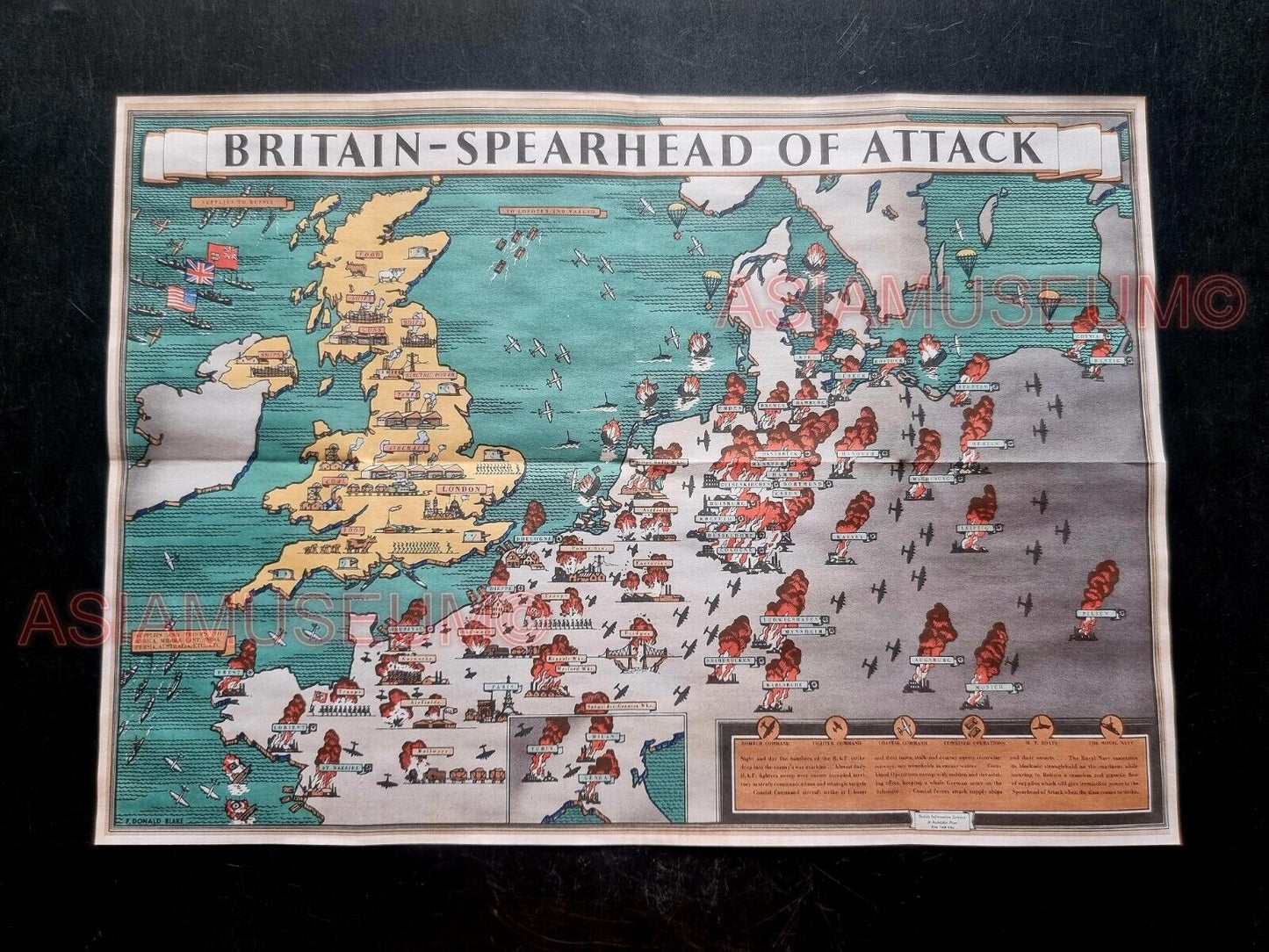 1943 WW2 USA BRITAIN SPEARHEAD ATTACK MAPS ATLAS FRANCE EU PROPAGANDA POSTER 555