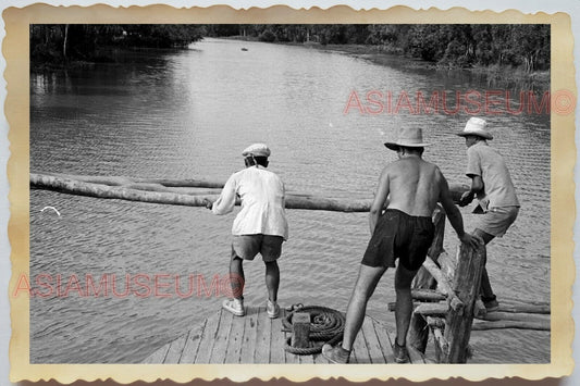 50s Indochina Vietnam Army Group Soldier Topless Man Boat War Vintage Photo #948