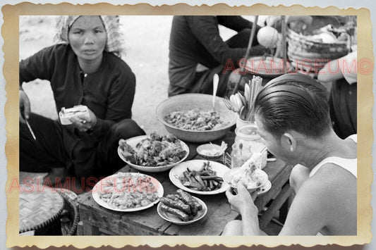 50s Vietnam War Women Boat Man Dinner Dining Cooking Meal B&W Vintage Photo #473